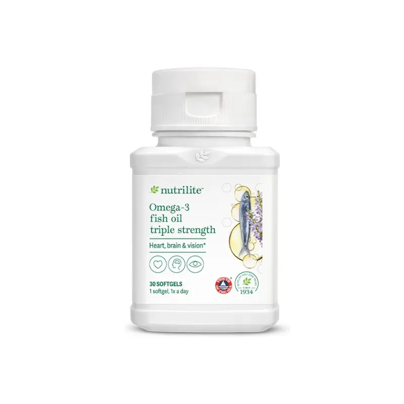 Nutrilite Omega-3 Triple Strength softgels feature a clear, easy-to-swallow design and enhanced absorption technology.