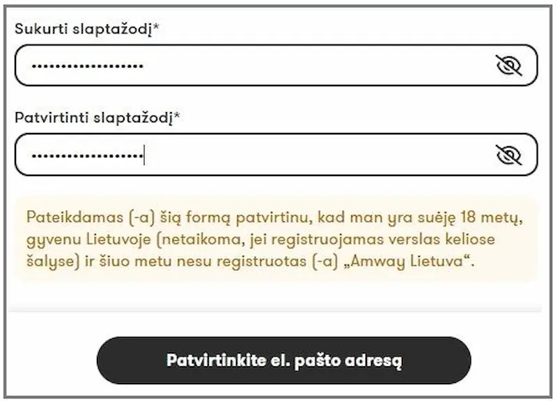 Patvirtinimo kodo ivedimas is el. pasto uzbaigiant AMWAY registracija amway-lithuania.com Lietuvoje