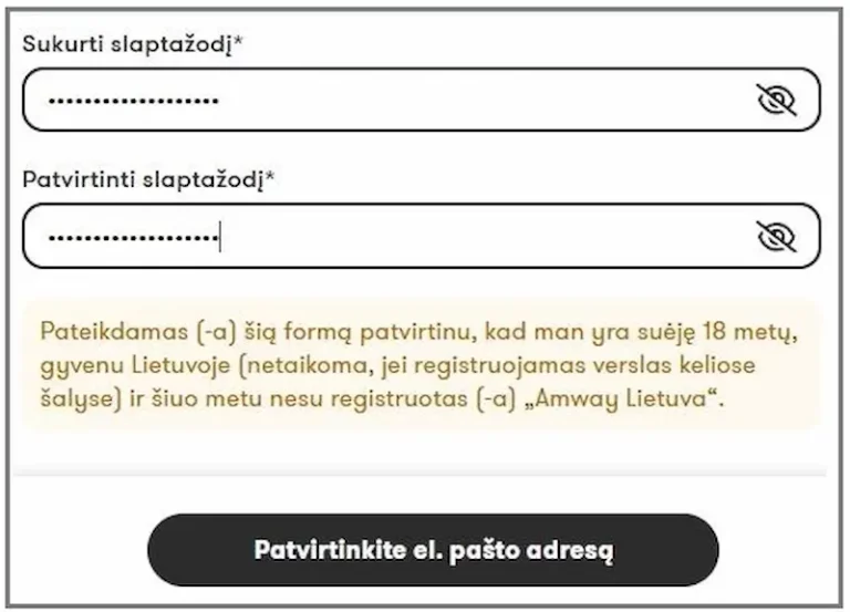Slaptažodžio nurodymas ir el. pašto patvirtinimo mygtuko spaudimas amway-lithuania.com registracijoje