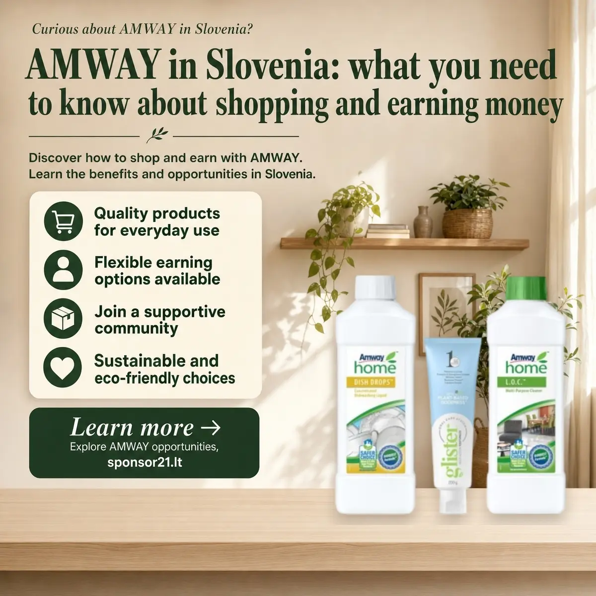 AMWAY in Slovenia - Amway Home Dish Drops, L.O.C. and Glister products with earning opportunity banner