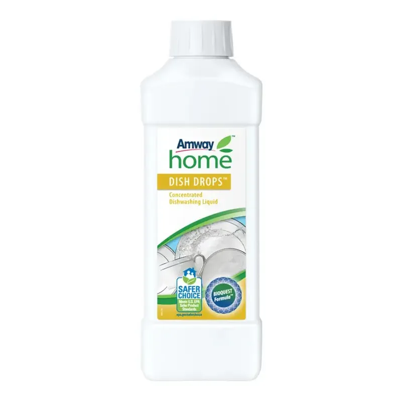 The image showcases a bottle of Dish Drops concentrated dishwashing liquid, featuring a vibrant citrus scent and effective grease-cutting formula.
