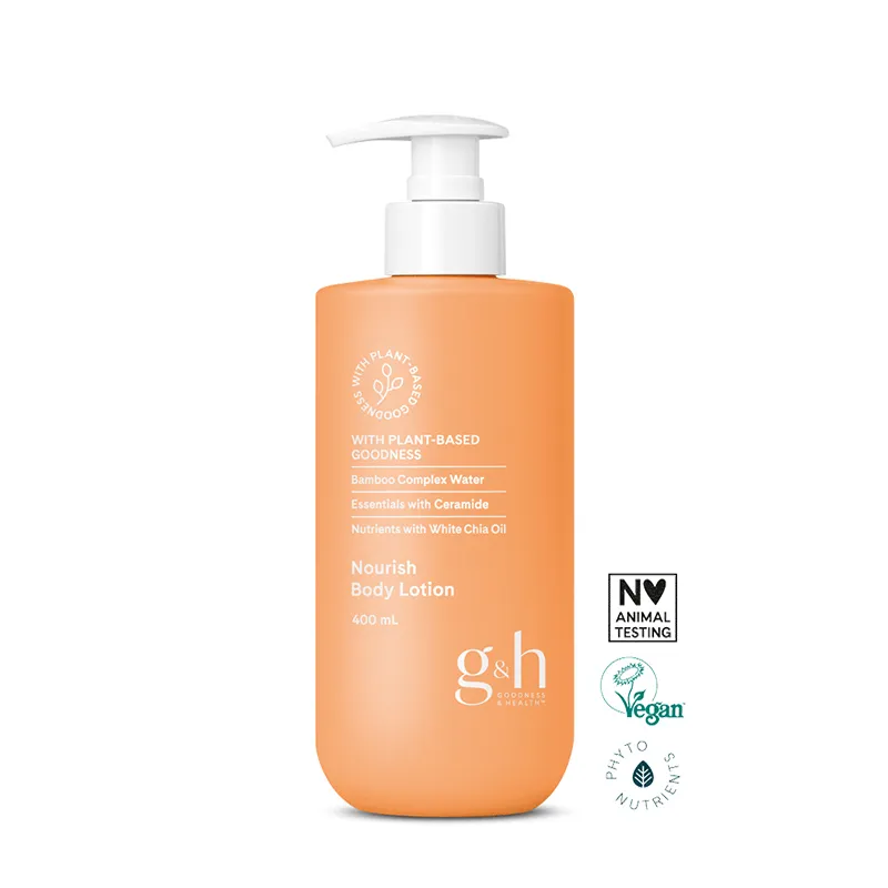 g&h GOODNESS & HEALTH™ Nourish“ kūno losjonas g&h GOODNESS & HEALTH™ Nourish kūno losjonas, gausus bambuko vandens ir alyvuogių aliejaus, drėkina ir maitina odą.