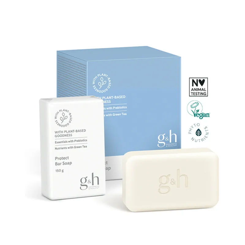 g&h GOODNESS & HEALTH™ Protect“ gabalinis muilas Švelnus g&h Protect gabalinis muilas su prebiotikais ir žaliosios arbatos ekstraktu efektyviai valo odą ir neutralizuoja blogus kvapus.