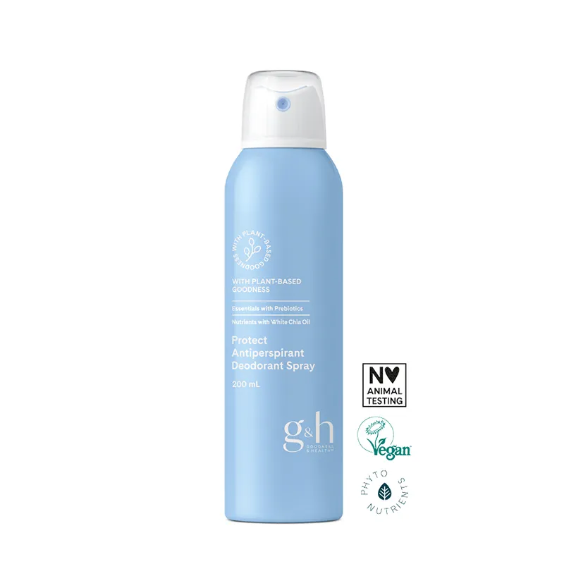 g&h GOODNESS & HEALTH™ Protect“ purškiamas dezodorantas ir antiperspirantas Purškiamas dezodorantas ir antiperspirantas „g&h Protect“ su prebiotikais, greitai džiūsta ir užtikrina gaivumą.