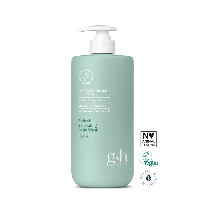 g&h GOODNESS & HEALTH™ Refresh“ šveičiamasis kūno prausiklis Šveičiamasis kūno prausiklis „g&h Refresh“ su augaliniais ingredientais, švelniai valo ir drėkina odą.