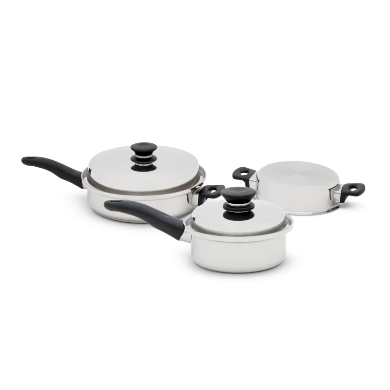 5 dalių sauté keptuvių rinkinys iCook™ su nerūdijančio plieno konstrukcija, skirtas efektyviam maisto gaminimui.