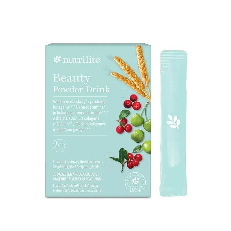 Nutrilite™ Beauty Powder Drink, greipfrutų skonio mitybos produktas, skirtas odos grožiui ir kolageno gamybai.