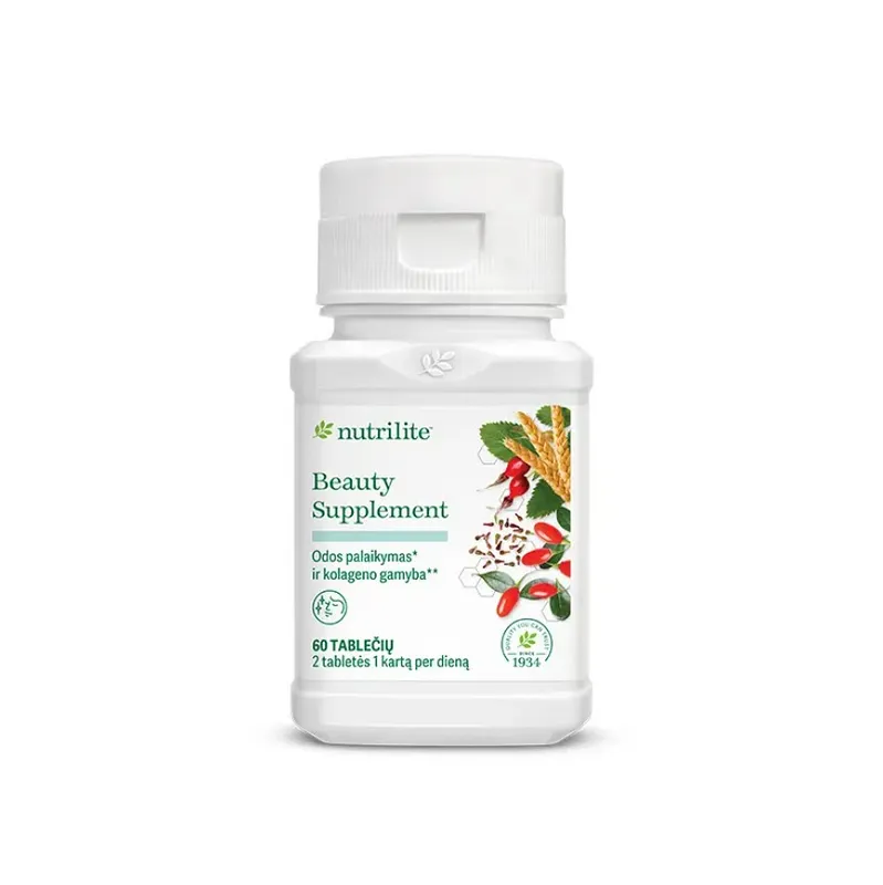 Nutrilite™ Beauty Supplement tablečių pakuotė, skirta odos sveikatai palaikyti ir kolageno gamybai skatinti.