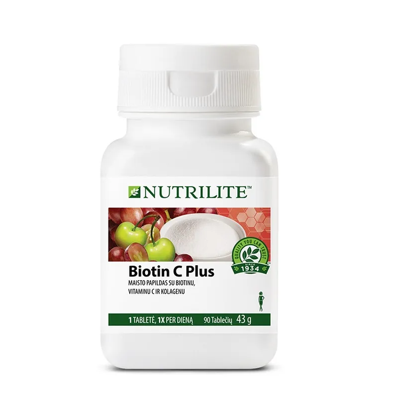 Nutrilite™ Biotin C Plius maisto papildas, palaikantis plaukų ir odos būklę su biotinu ir vitaminu C.