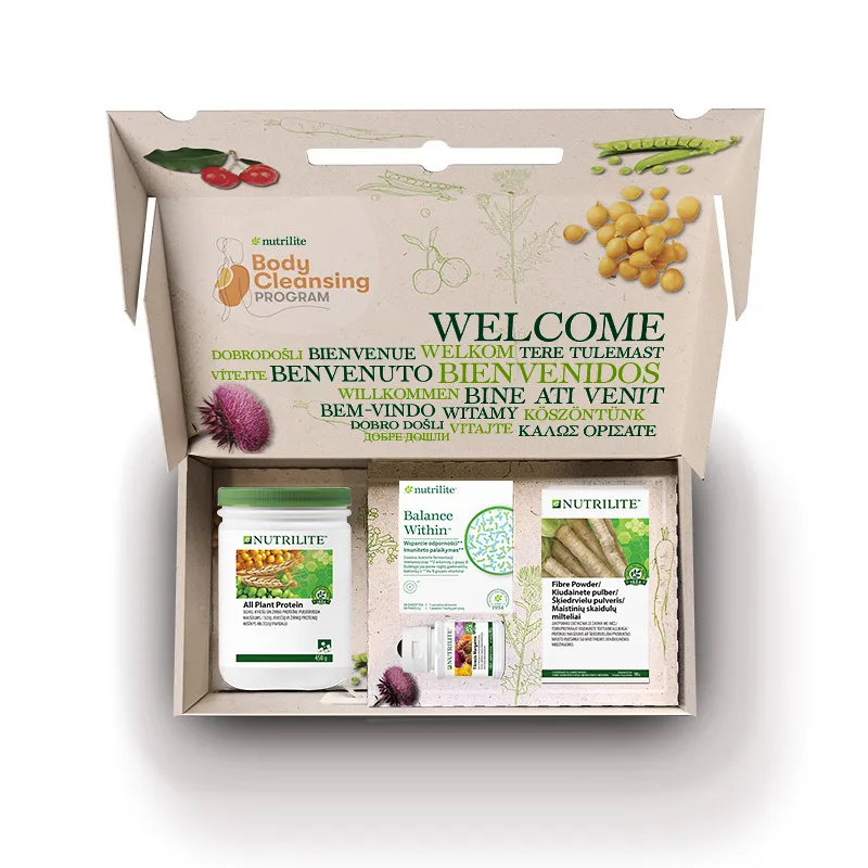 „Nutrilite Body Cleansing Program“ rinkinys su specialiai atrinktais produktais, skatinančiais organizmo valymą ir gerovę.