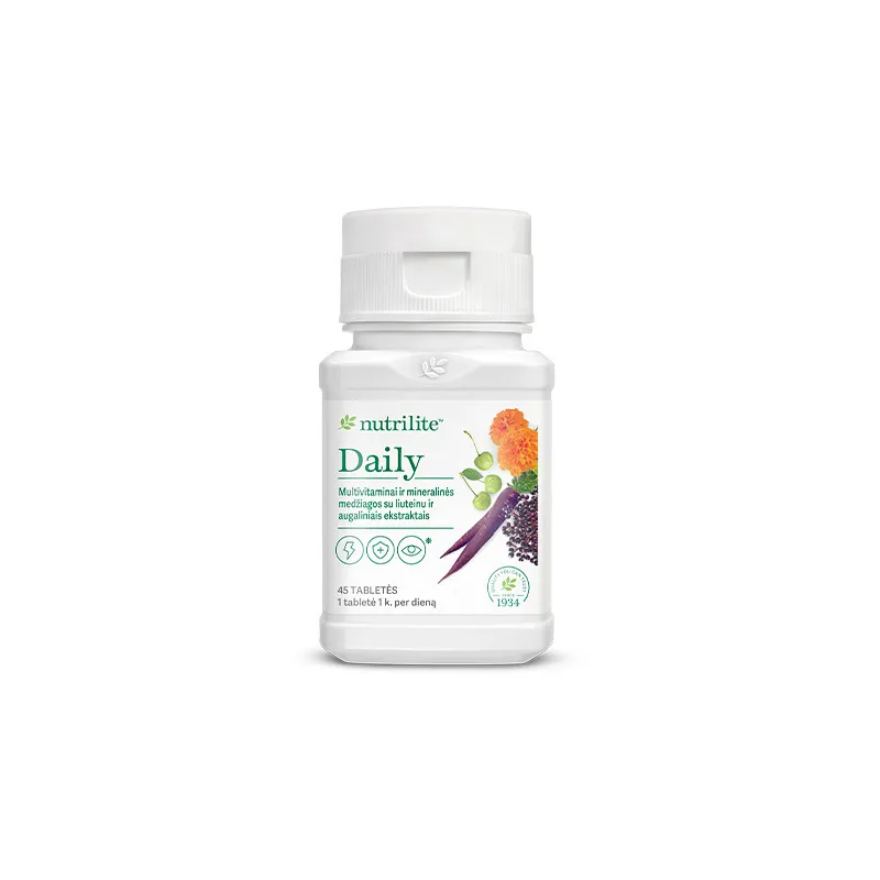 „Nutrilite Daily“ tabletės, turinčios 20 vitaminų ir mineralų, palaiko imunitetą ir energiją.