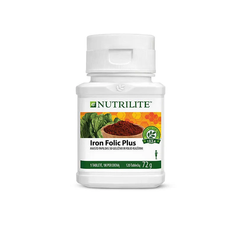 Nutrilite Iron Folic Plus features a vibrant green packaging and contains two iron sources for enhanced nutrition.