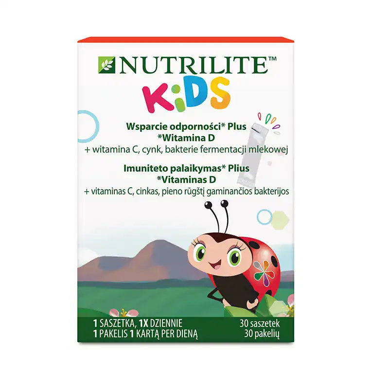 Nutrilite Vaikų imuniteto palaikymas, greitai tirpstantys milteliai su vitaminu D, C ir cinku.