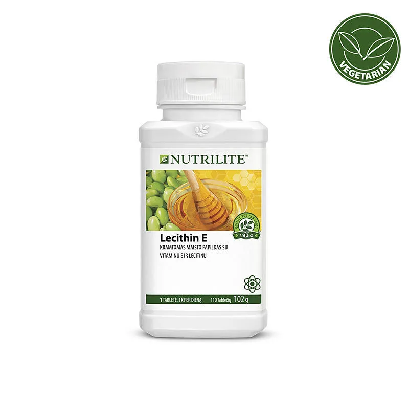 Kramtomosios tabletės Nutrilite Lecitinas E su vitaminu E, saldžiaisiais pupmedžiais ir medumi, skirtos ląstelių apsaugai.