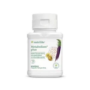 Nutrilite™ Metabolism* plus Nutrilite™ Metabolism Plus capsules in a clear bottle feature vibrant purple carrot juice powder for metabolic support.