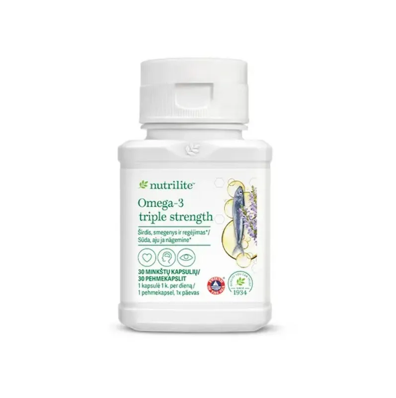 Nutrilite™ Omega-3 Triple Strength minkštos gelinės kapsulės, turinčios omega 3 riebalų rūgščių, palengvina jų įsisavinimą organizme.