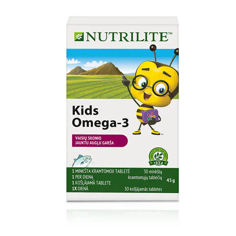 Skanios minkštos kramtomosios tabletės vaikams su omega-3 riebalų rūgštimis ir vitaminu D, skatinančios kaulų augimą.