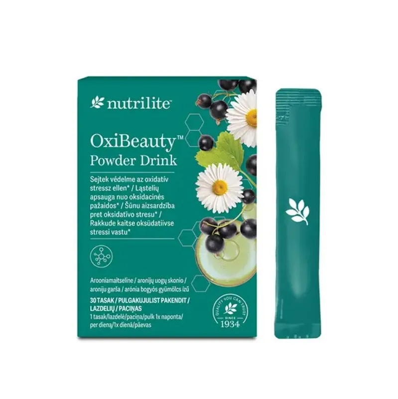 Nutrilite™ OxiBeauty™ miltelių gėrimas su vitaminu E, apsaugantis odą nuo oksidacinės pažaidos ir suteikiantis švytėjimo.