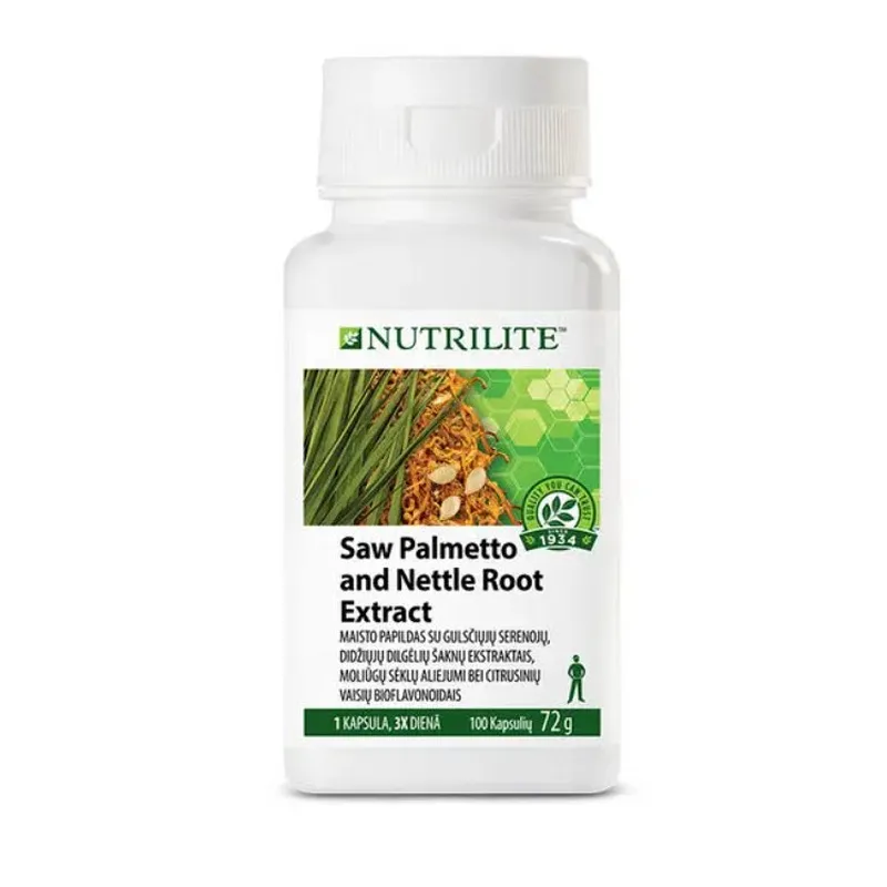 Nutrilite™ Saw Palmetto kapsulės su sabalpalmėmis ir dilgėlėmis, skirtos vyrų gerovei ir energijai.