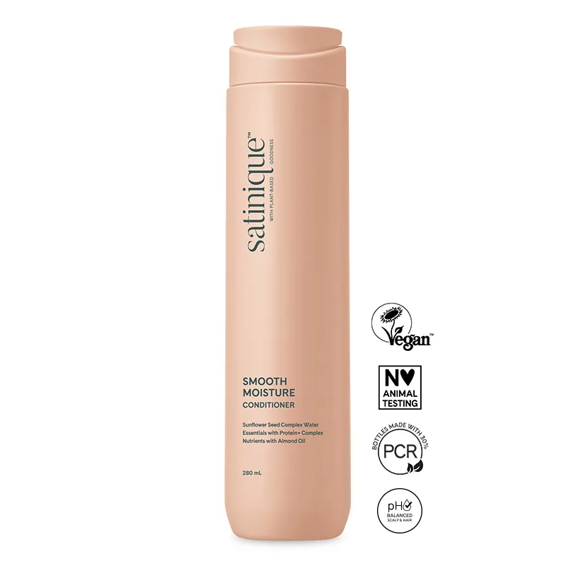 Satinique™ drėkinamasis kondicionierius Smooth Moisture 280 ml, suteikiantis plaukams gilų drėkinimą ir blizgesį.