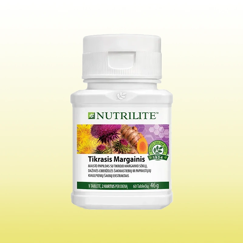 Nutrilite Tikrasis margainis tabletės su silimarinu ant balto fono